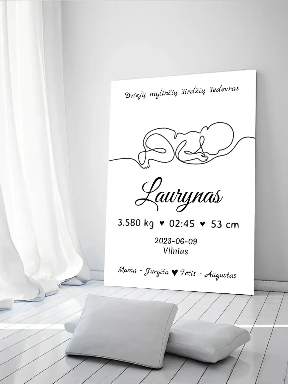 Personalizuota Vaiko / Kūdikio Gimimo Metrika su linijine iliustracija ant drobės Drobe - dovanokis.lt