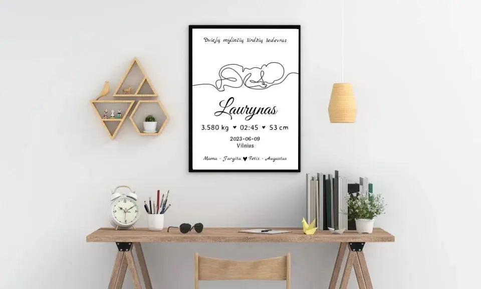 Personalizuota Vaiko / Kūdikio Gimimo Metrika su linijine iliustracija, plakatas su rėmeliu Poster - dovanokis.lt