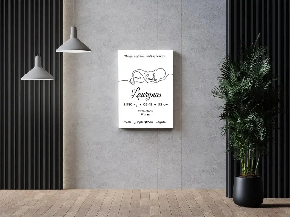 Personalizuota Vaiko / Kūdikio Gimimo Metrika su linijine iliustracija ant drobės Drobe - dovanokis.lt
