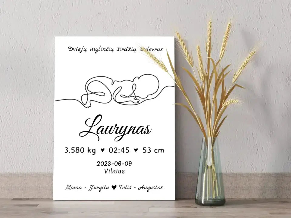 Personalizuota Vaiko / Kūdikio Gimimo Metrika su linijine iliustracija ant drobės Drobe - dovanokis.lt