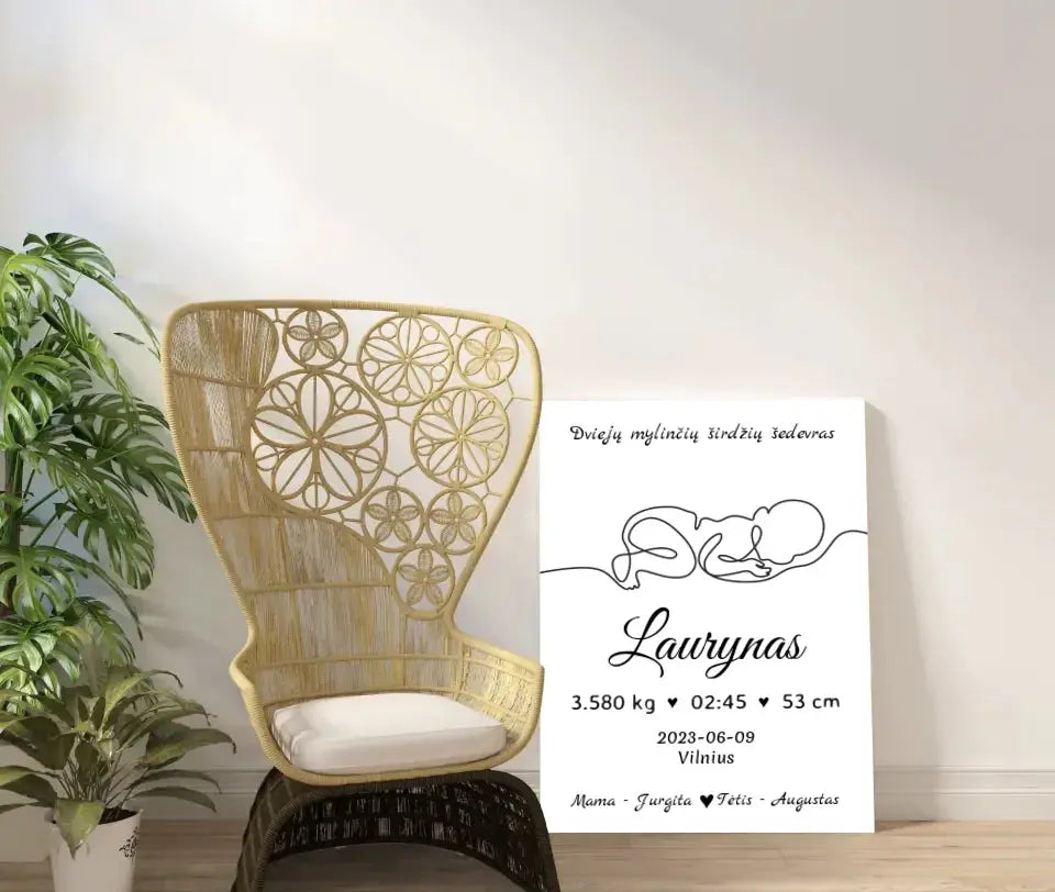 Personalizuota Vaiko / Kūdikio Gimimo Metrika su linijine iliustracija ant drobės Drobe - dovanokis.lt