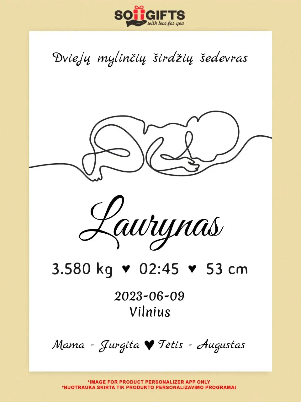 Personalizuota Vaiko / Kūdikio Gimimo Metrika su linijine iliustracija ant drobės Drobe - dovanokis.lt