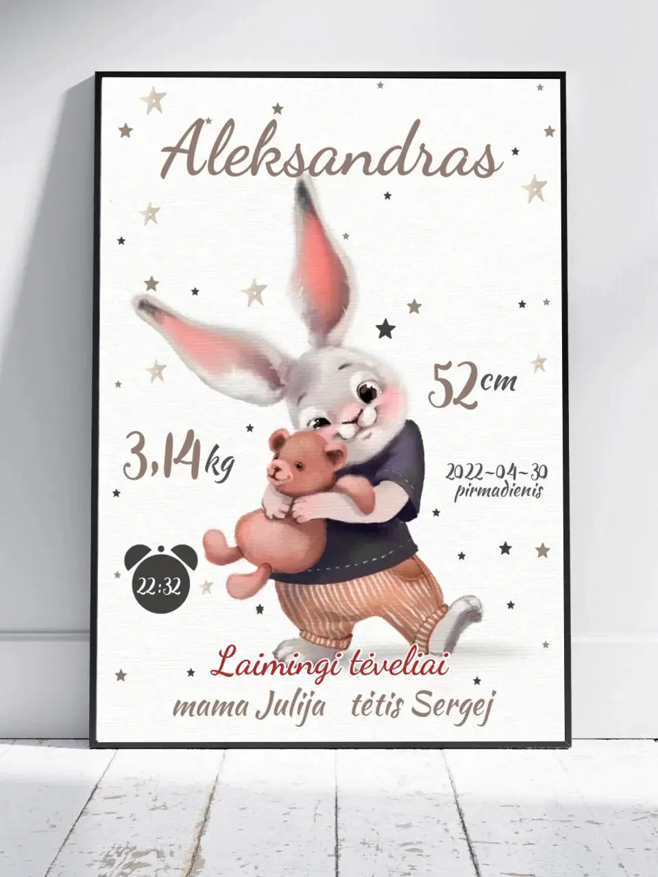 Personalizuota Berniuko Gimimo Metrikų Iliustracija, plakatas su rėmeliu Posteris(Plakatas) - dovanokis.lt