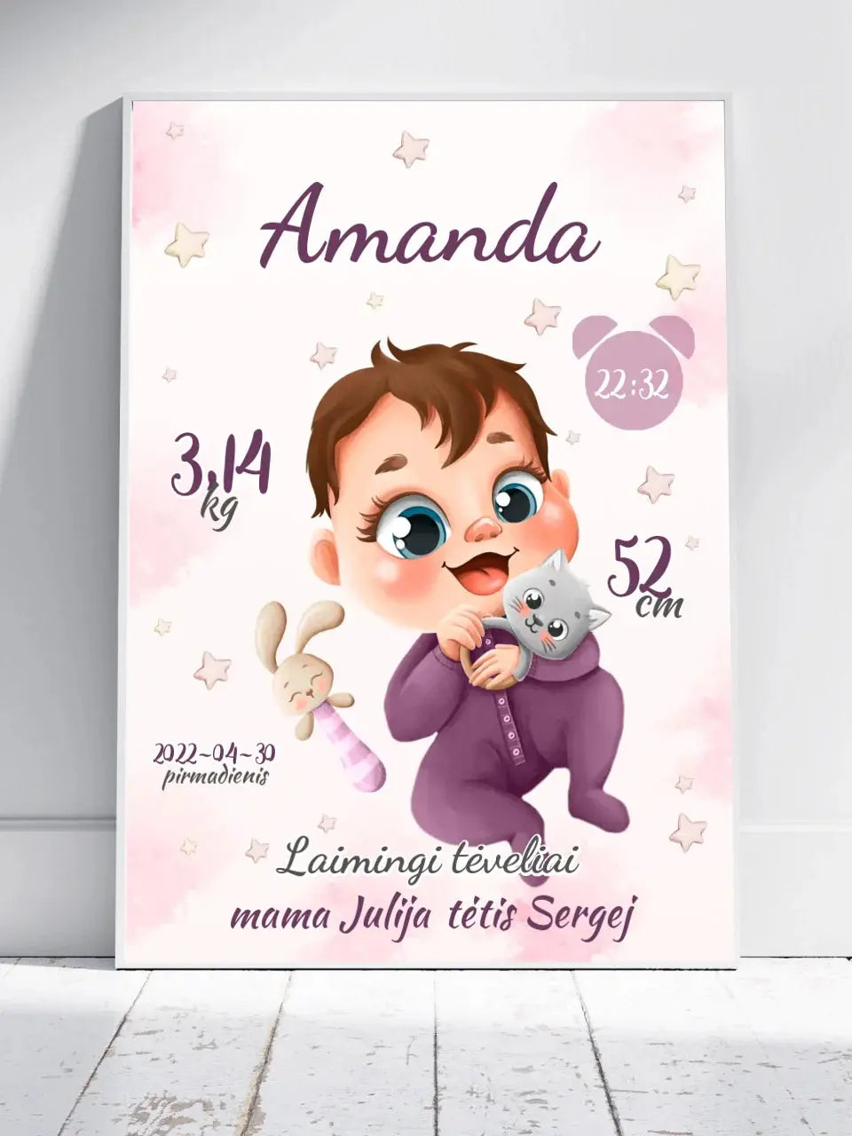 Personalizuota Mergaitės Gimimo Metrikų Iliustracija, plakatas su rėmeliu Posteris(Plakatas) - dovanokis.lt