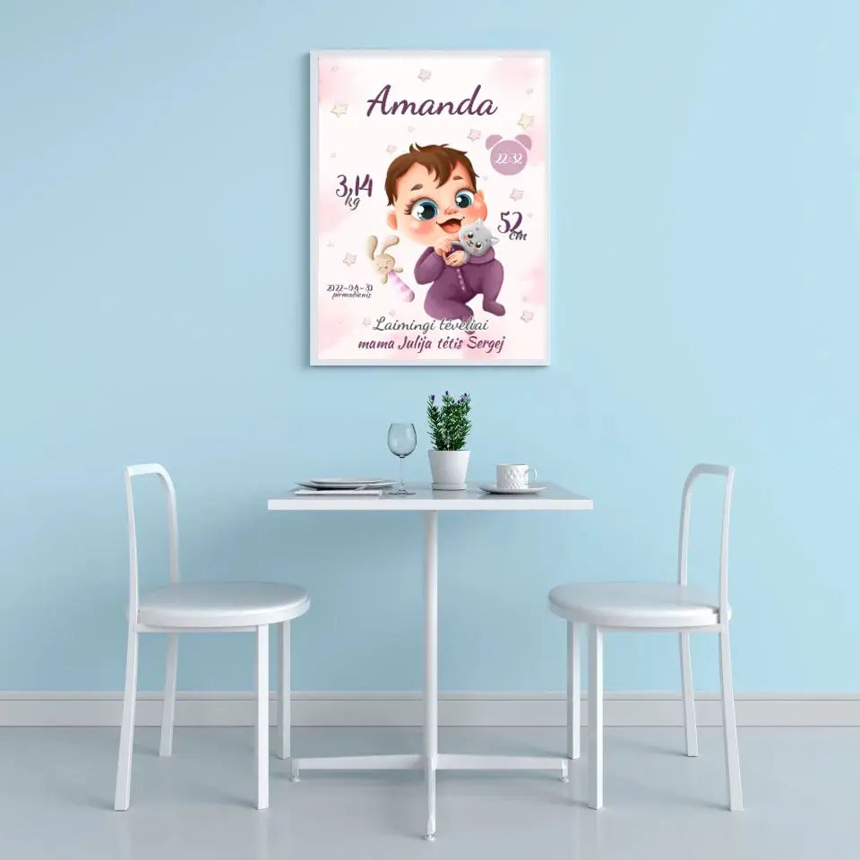 Personalizuota Mergaitės Gimimo Metrikų Iliustracija, plakatas su rėmeliu Posteris(Plakatas) - dovanokis.lt