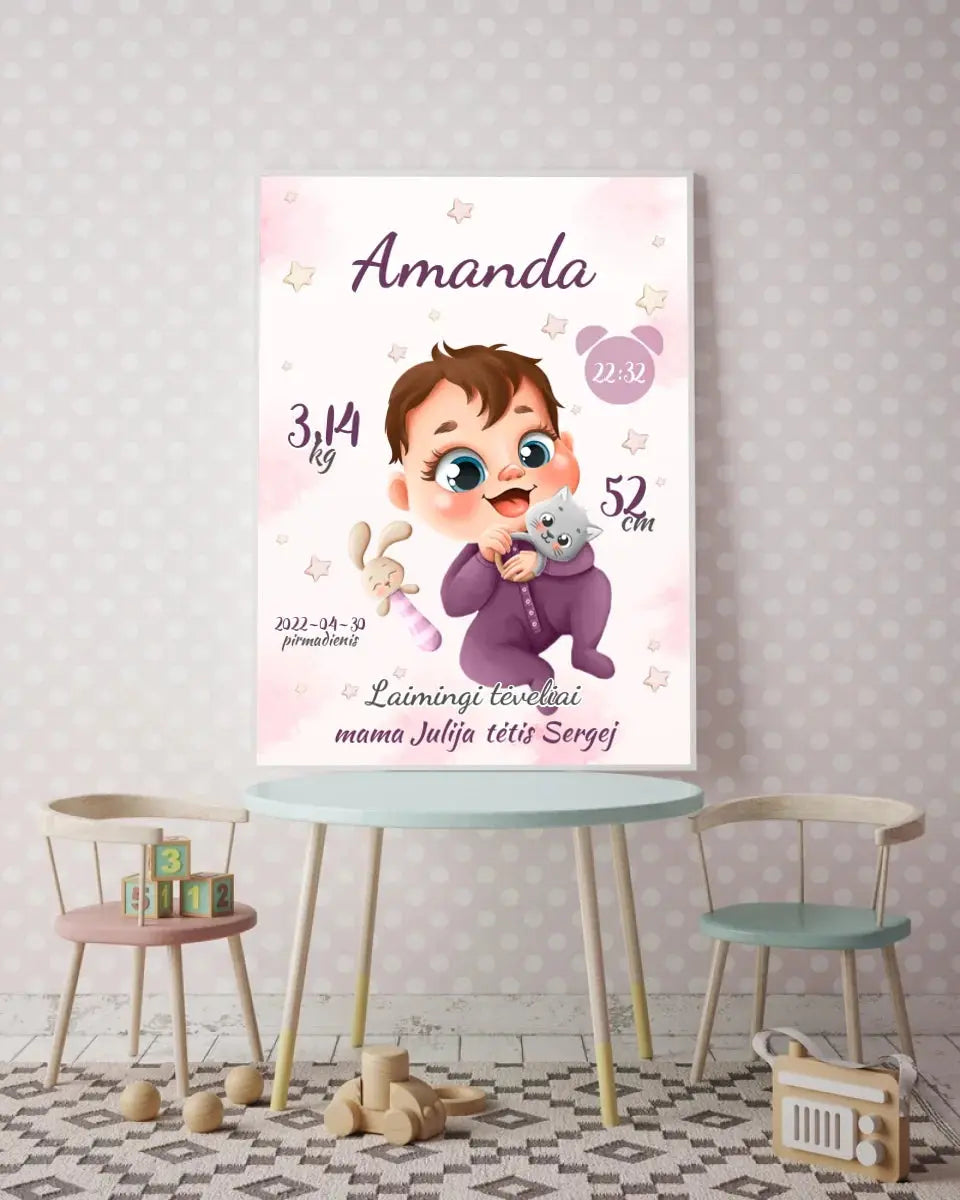 Personalizuota Mergaitės Gimimo Metrikų Iliustracija, plakatas su rėmeliu Posteris(Plakatas) - dovanokis.lt