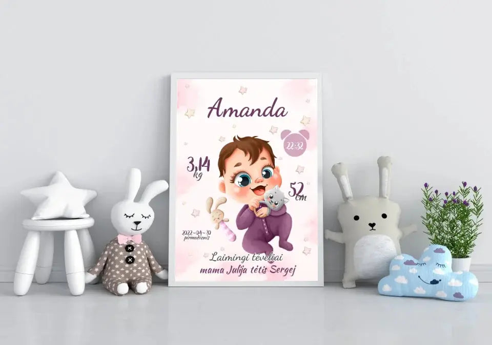 Personalizuota Mergaitės Gimimo Metrikų Iliustracija, plakatas su rėmeliu Posteris(Plakatas) - dovanokis.lt