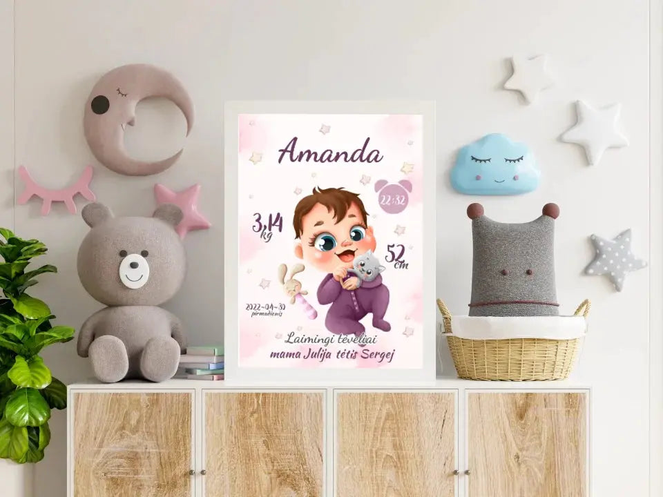Personalizuota Mergaitės Gimimo Metrikų Iliustracija, plakatas su rėmeliu Posteris(Plakatas) - dovanokis.lt