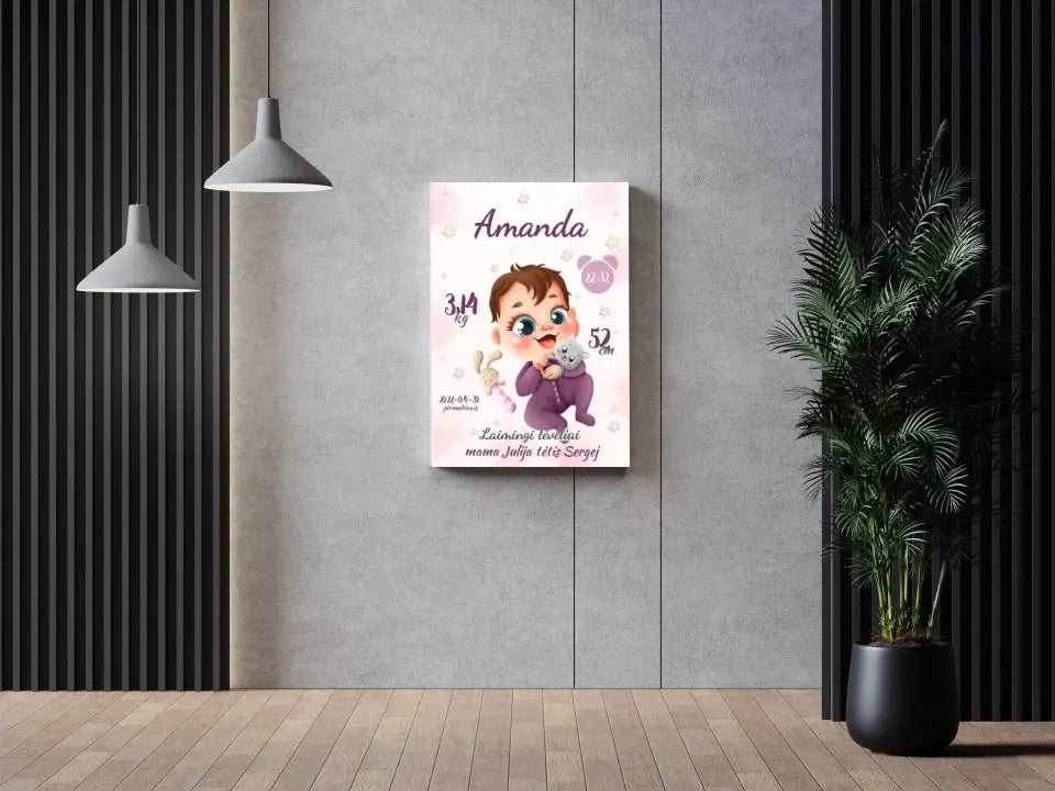 Personalizuota Mergaitės Gimimo Metrikų Iliustracija ant drobės Drobe - dovanokis.lt