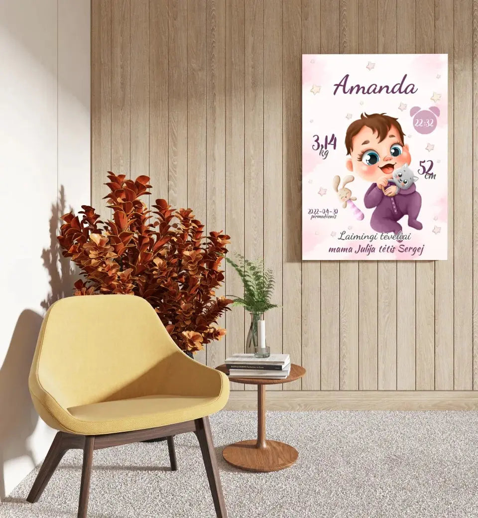 Personalizuota Mergaitės Gimimo Metrikų Iliustracija ant drobės Drobe - dovanokis.lt