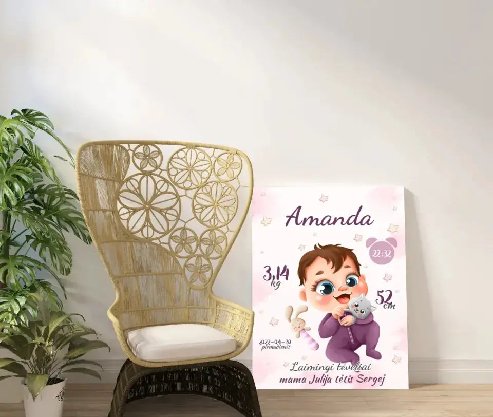 Personalizuota Mergaitės Gimimo Metrikų Iliustracija ant drobės Drobe - dovanokis.lt