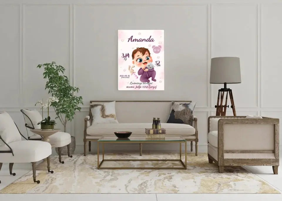 Personalizuota Mergaitės Gimimo Metrikų Iliustracija ant drobės Drobe - dovanokis.lt