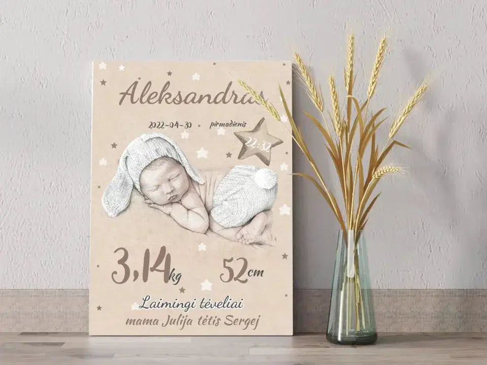 Personalizuota Vaiko Gimimo Metrikų Iliustracija ant drobės Drobe - dovanokis.lt