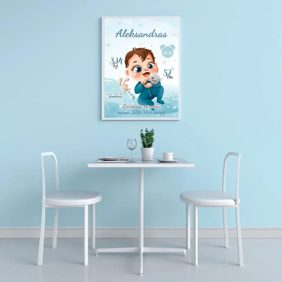 Personalizuota Berniuko Gimimo Metrikų Iliustracija, plakatas su rėmeliu Posteris(Plakatas) - dovanokis.lt