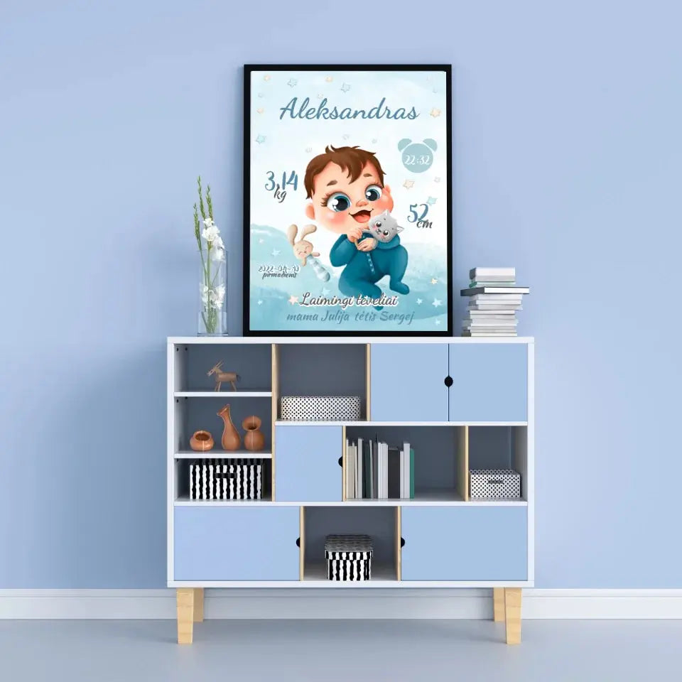 Personalizuota Berniuko Gimimo Metrikų Iliustracija, plakatas su rėmeliu Posteris(Plakatas) - dovanokis.lt