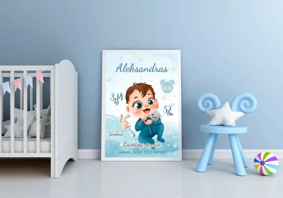 Personalizuota Berniuko Gimimo Metrikų Iliustracija, plakatas su rėmeliu Posteris(Plakatas) - dovanokis.lt