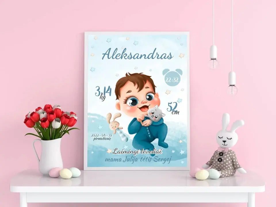Personalizuota Berniuko Gimimo Metrikų Iliustracija, plakatas su rėmeliu Posteris(Plakatas) - dovanokis.lt