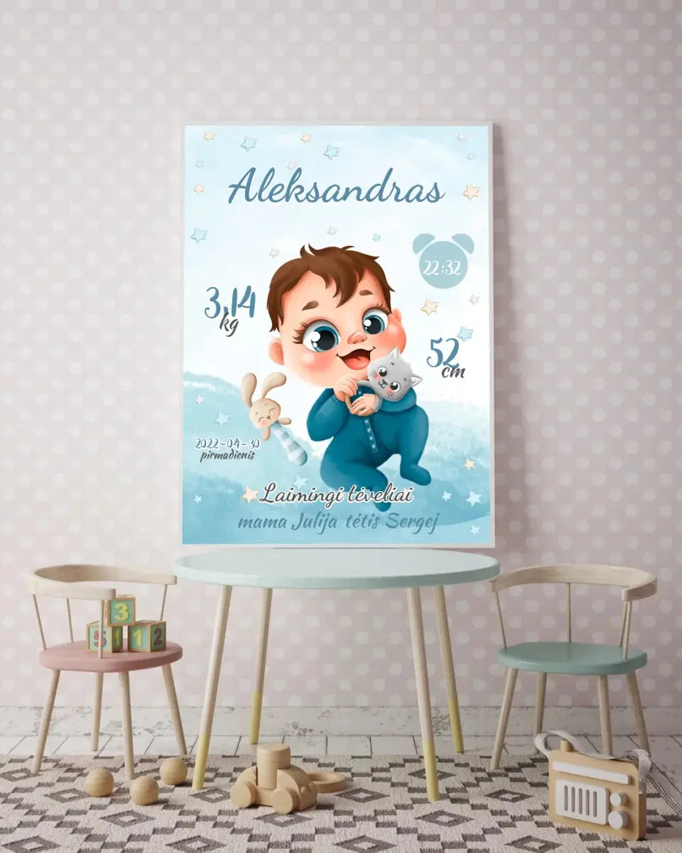 Personalizuota Berniuko Gimimo Metrikų Iliustracija, plakatas su rėmeliu Posteris(Plakatas) - dovanokis.lt