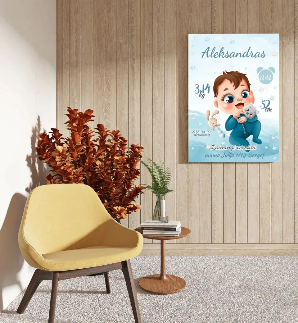 Personalizuota Berniuko Gimimo Metrikų Iliustracija ant drobės Drobe - dovanokis.lt