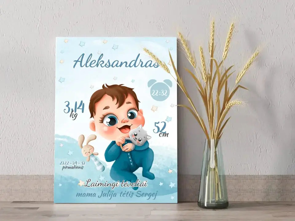 Personalizuota Berniuko Gimimo Metrikų Iliustracija ant drobės Drobe - dovanokis.lt