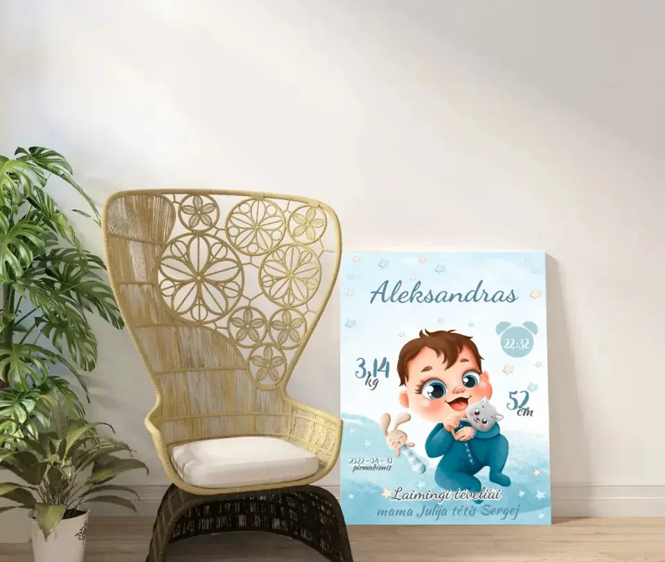 Personalizuota Berniuko Gimimo Metrikų Iliustracija ant drobės Drobe - dovanokis.lt