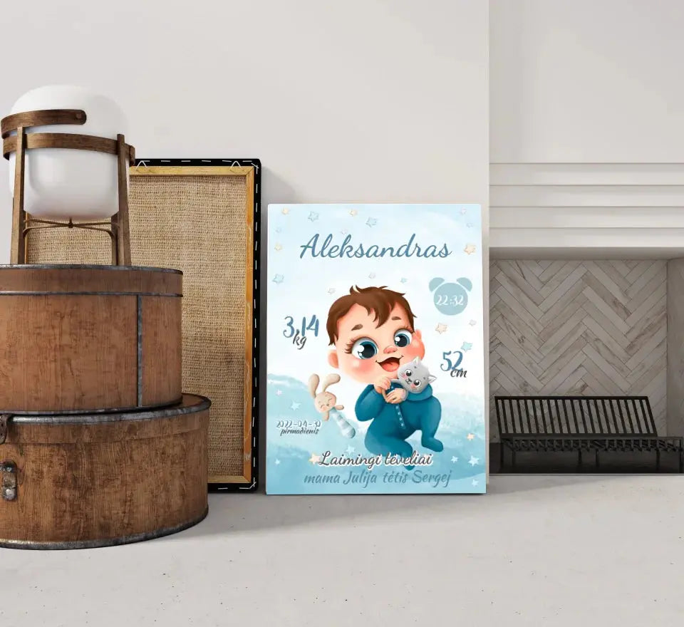 Personalizuota Berniuko Gimimo Metrikų Iliustracija ant drobės Drobe - dovanokis.lt