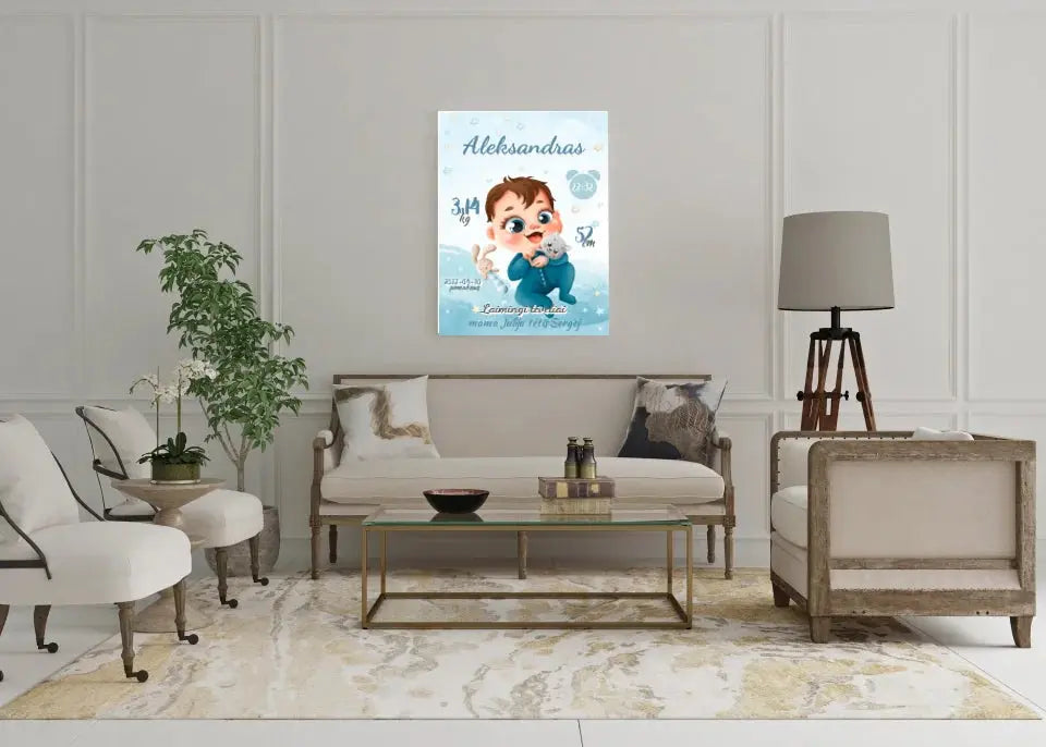 Personalizuota Berniuko Gimimo Metrikų Iliustracija ant drobės Drobe - dovanokis.lt