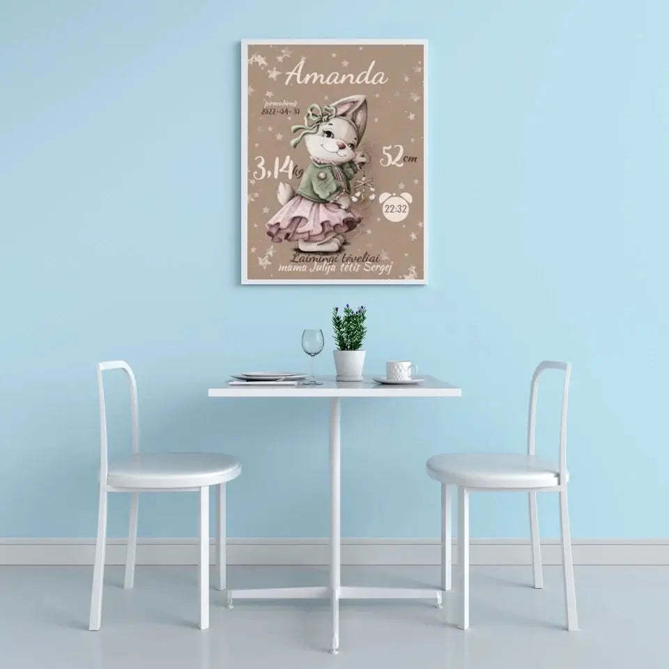 Personalizuota Mergaitės Gimimo Metrikų Iliustracija, plakatas su rėmeliu Posteris(Plakatas) - dovanokis.lt
