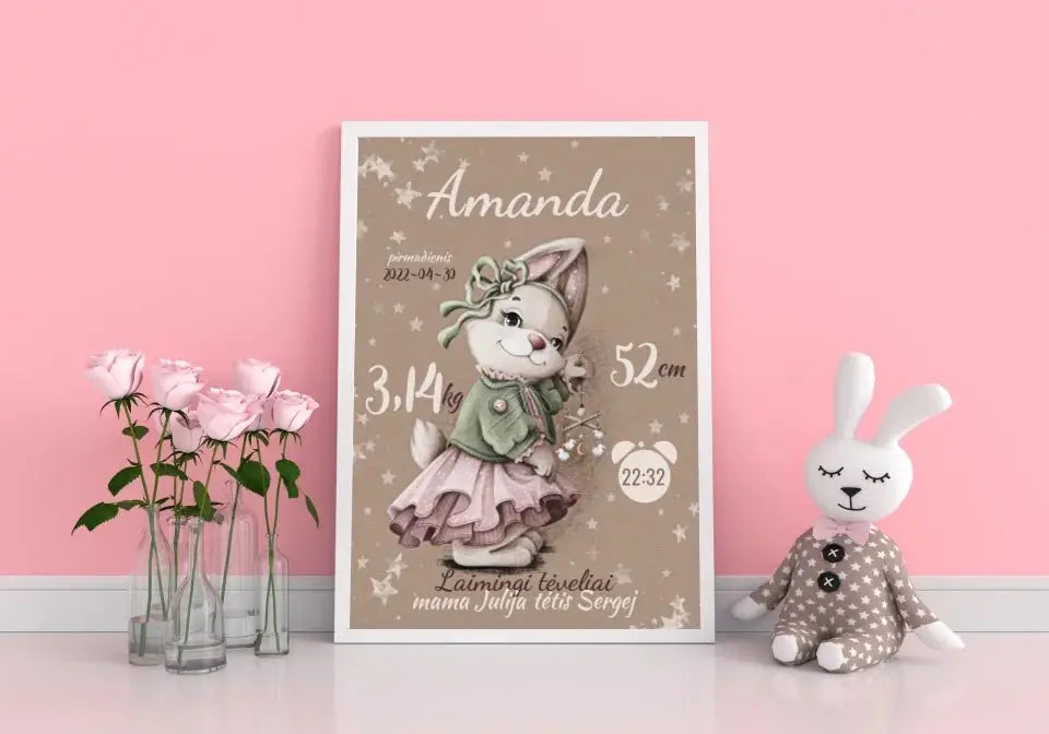 Personalizuota Mergaitės Gimimo Metrikų Iliustracija, plakatas su rėmeliu Posteris(Plakatas) - dovanokis.lt
