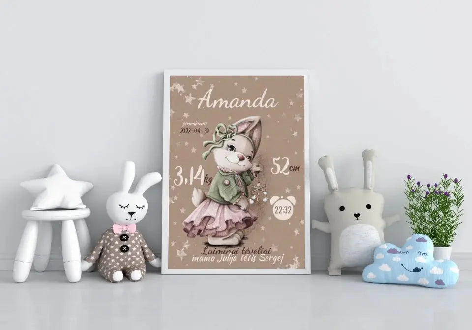 Personalizuota Mergaitės Gimimo Metrikų Iliustracija, plakatas su rėmeliu Posteris(Plakatas) - dovanokis.lt