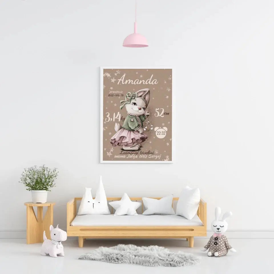 Personalizuota Mergaitės Gimimo Metrikų Iliustracija, plakatas su rėmeliu Posteris(Plakatas) - dovanokis.lt