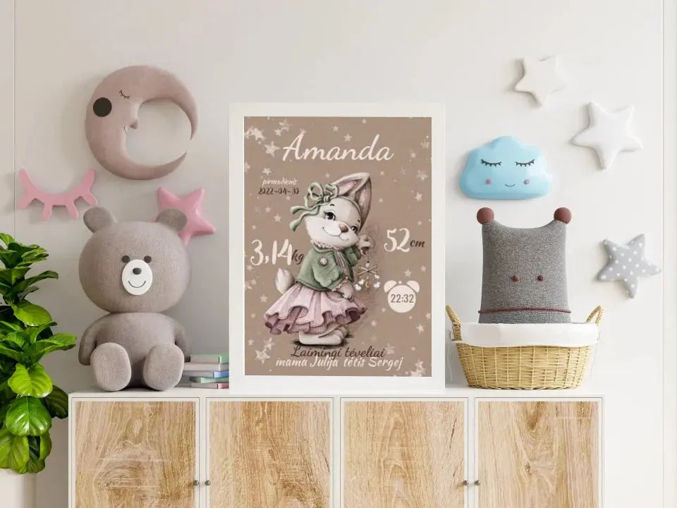 Personalizuota Mergaitės Gimimo Metrikų Iliustracija, plakatas su rėmeliu Posteris(Plakatas) - dovanokis.lt