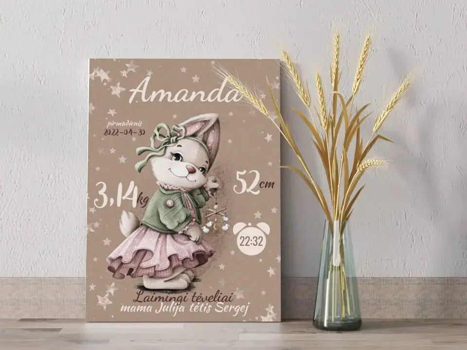 Personalizuota Mergaitės Gimimo Metrikų Iliustracija ant drobės Drobe - dovanokis.lt