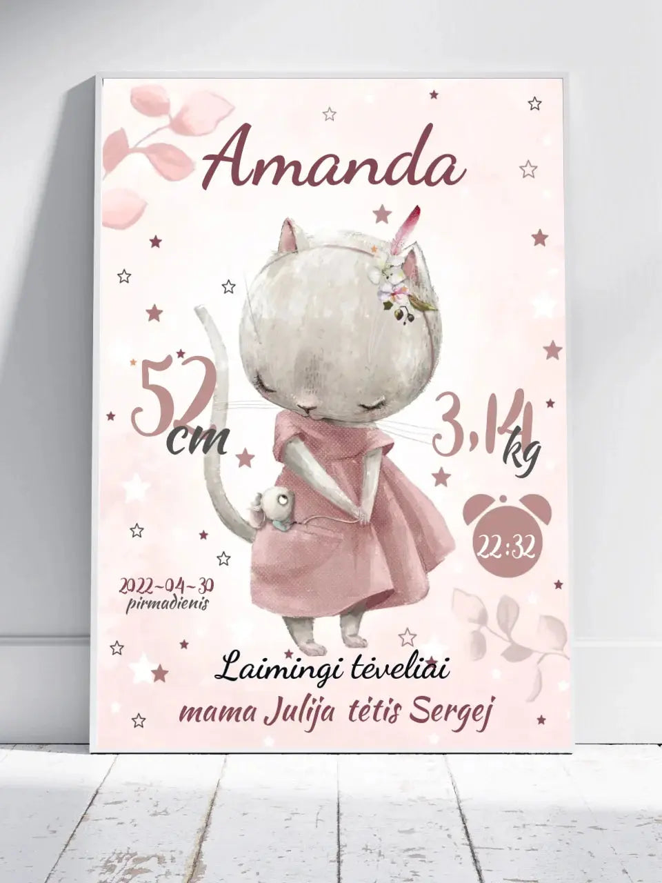 Personalizuota Mergaitės Gimimo Metrikų Iliustracija, plakatas su rėmeliu Posteris(Plakatas) - dovanokis.lt
