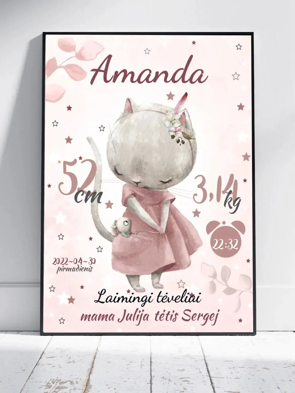 Personalizuota Mergaitės Gimimo Metrikų Iliustracija, plakatas su rėmeliu Posteris(Plakatas) - dovanokis.lt