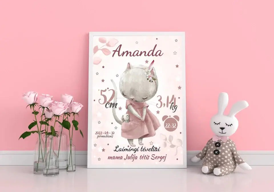 Personalizuota Mergaitės Gimimo Metrikų Iliustracija, plakatas su rėmeliu Posteris(Plakatas) - dovanokis.lt