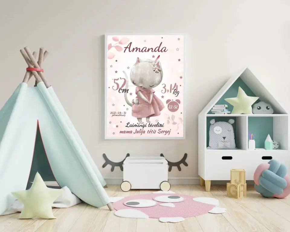 Personalizuota Mergaitės Gimimo Metrikų Iliustracija, plakatas su rėmeliu Posteris(Plakatas) - dovanokis.lt