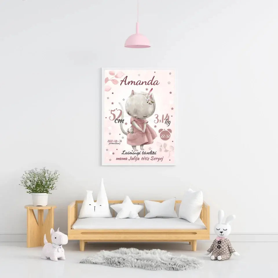 Personalizuota Mergaitės Gimimo Metrikų Iliustracija, plakatas su rėmeliu Posteris(Plakatas) - dovanokis.lt