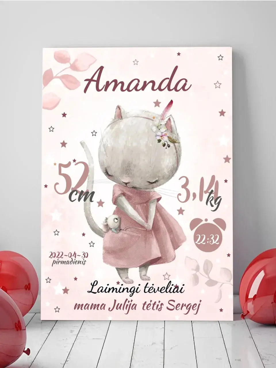Personalizuota Mergaitės Gimimo Metrikų Iliustracija ant drobės Drobe - dovanokis.lt