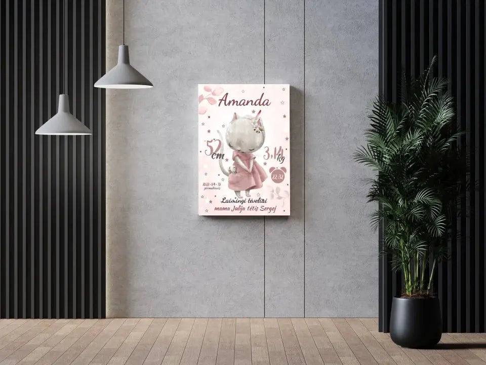 Personalizuota Mergaitės Gimimo Metrikų Iliustracija ant drobės Drobe - dovanokis.lt