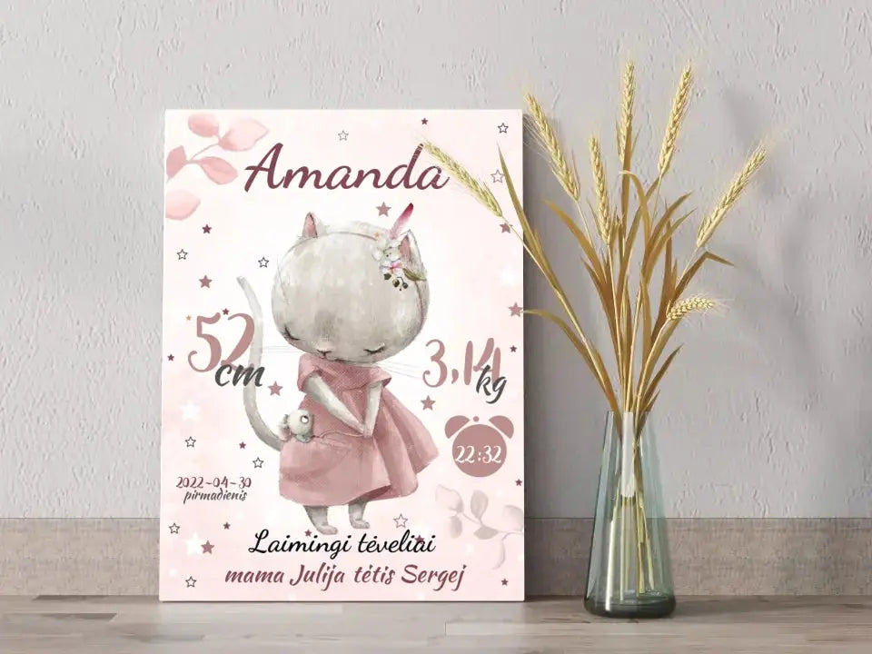 Personalizuota Mergaitės Gimimo Metrikų Iliustracija ant drobės Drobe - dovanokis.lt