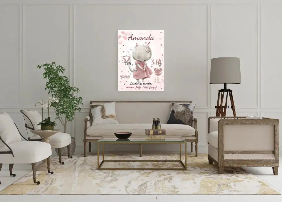 Personalizuota Mergaitės Gimimo Metrikų Iliustracija ant drobės Drobe - dovanokis.lt