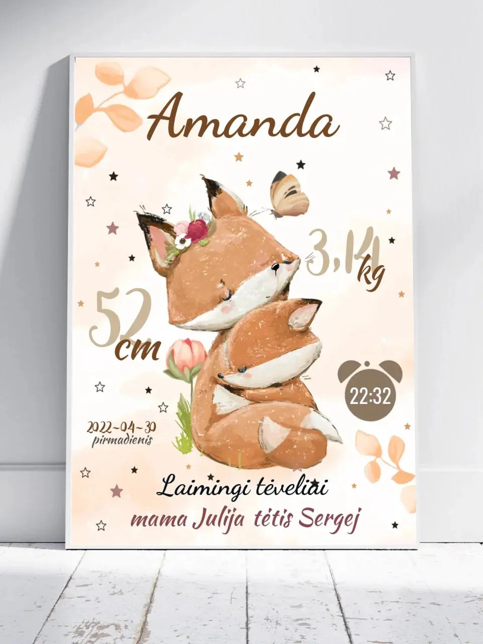 Personalizuota Mergaitės Gimimo Metrikų Iliustracija, plakatas su rėmeliu Posteris(Plakatas) - dovanokis.lt