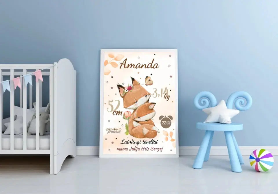 Personalizuota Mergaitės Gimimo Metrikų Iliustracija, plakatas su rėmeliu Posteris(Plakatas) - dovanokis.lt