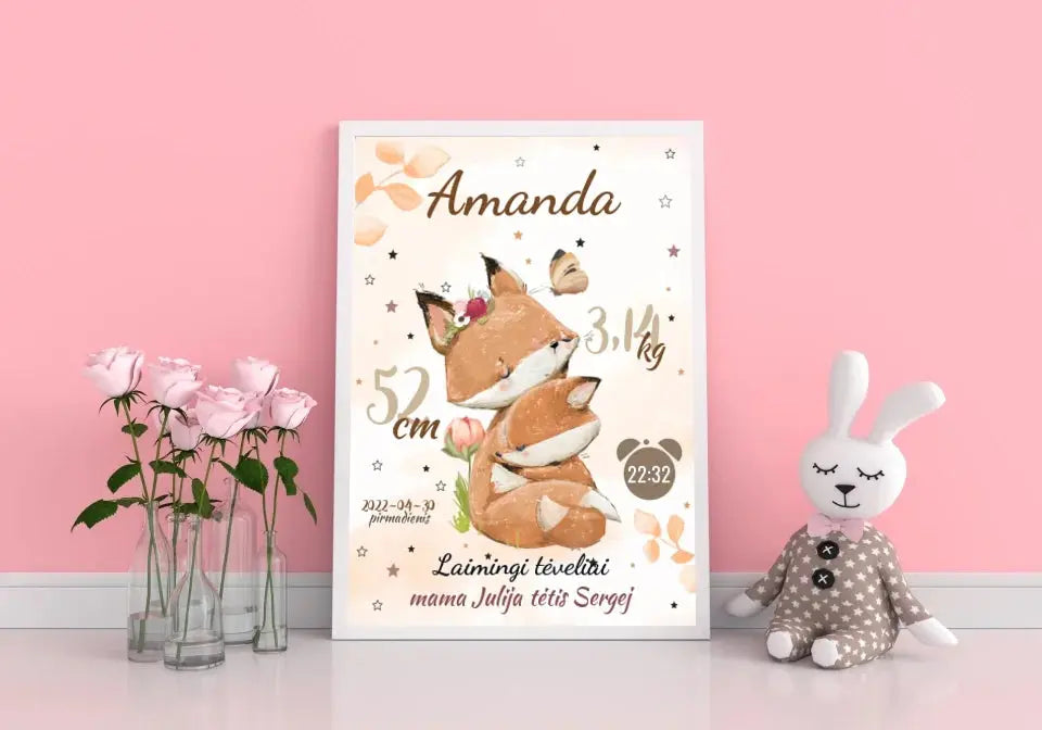 Personalizuota Mergaitės Gimimo Metrikų Iliustracija, plakatas su rėmeliu Posteris(Plakatas) - dovanokis.lt