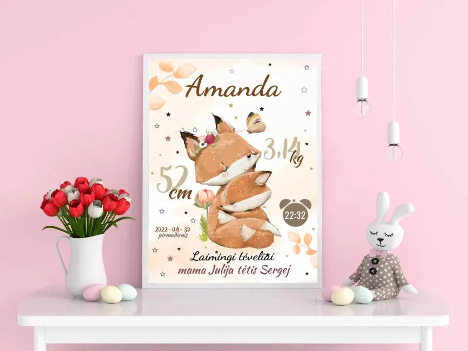Personalizuota Mergaitės Gimimo Metrikų Iliustracija, plakatas su rėmeliu Posteris(Plakatas) - dovanokis.lt