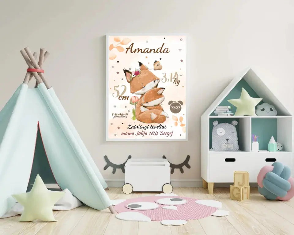 Personalizuota Mergaitės Gimimo Metrikų Iliustracija, plakatas su rėmeliu Posteris(Plakatas) - dovanokis.lt