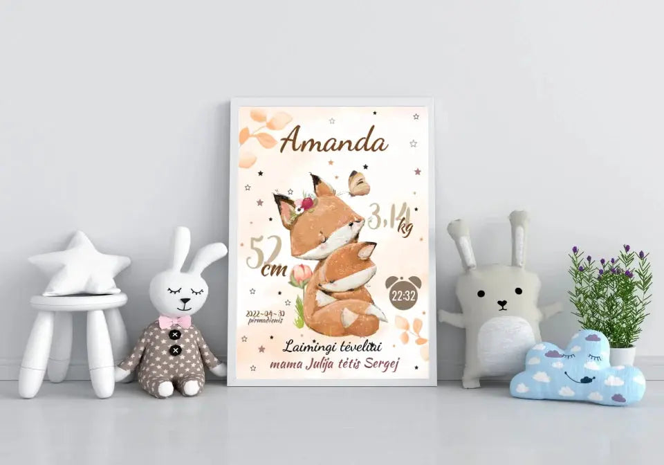 Personalizuota Mergaitės Gimimo Metrikų Iliustracija, plakatas su rėmeliu Posteris(Plakatas) - dovanokis.lt