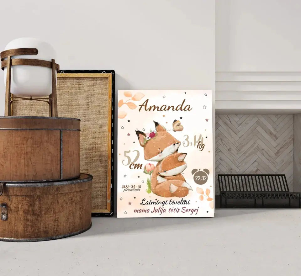 Personalizuota Mergaitės Gimimo Metrikų Iliustracija ant drobės Drobe - dovanokis.lt