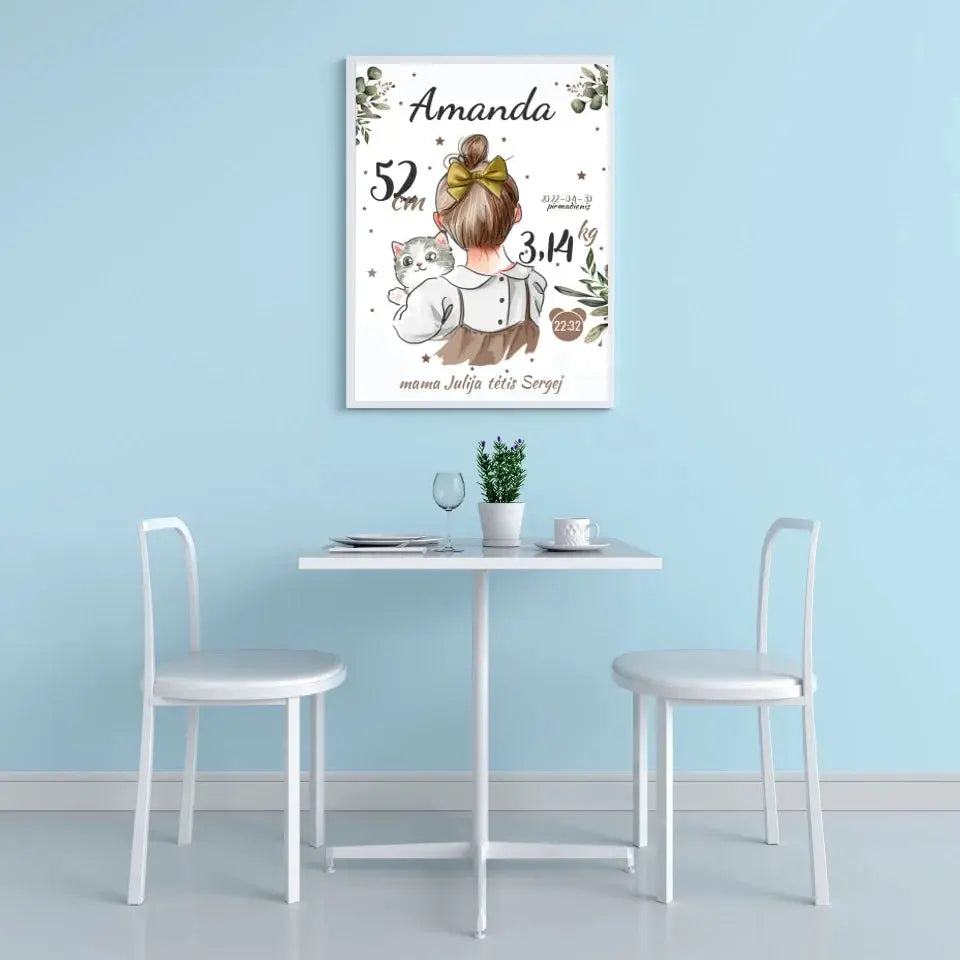 Personalizuota Mergaitės Gimimo Metrikų Iliustracija, plakatas su rėmeliu Posteris(Plakatas) - dovanokis.lt